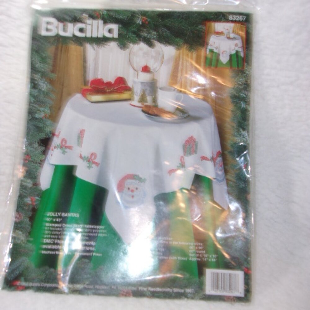 H-496 BUCILLA #83267 JOLLY SANTAS STAMPED CROSS STITCH TABLETOPPER KIT